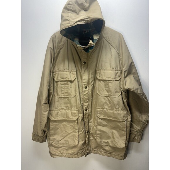 VTGWoolrich Jacket Men’sFull Zip Wool Lined Parka Hooded Pocket Tan BeigeL